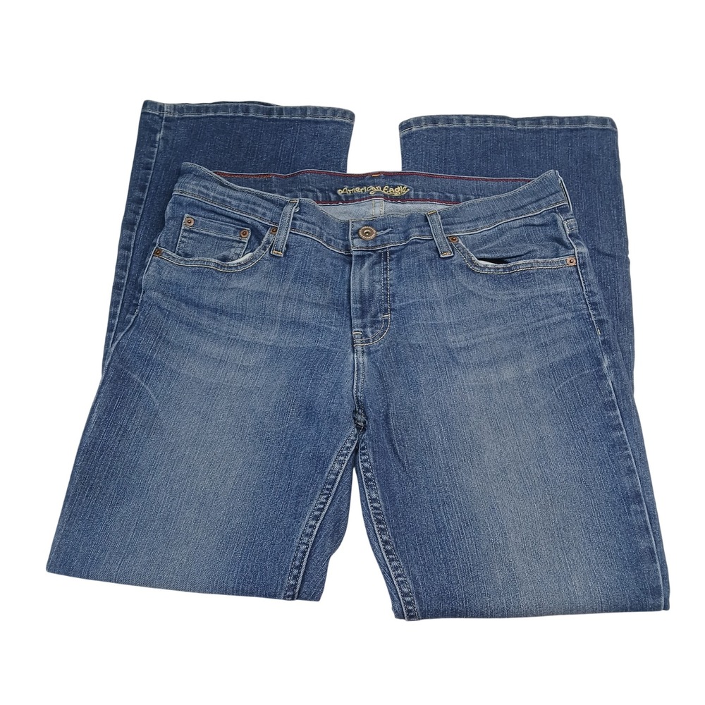 American Eagle Hipster Jeans Women 14 Short Blue Medium Wash Stretch Court Flare